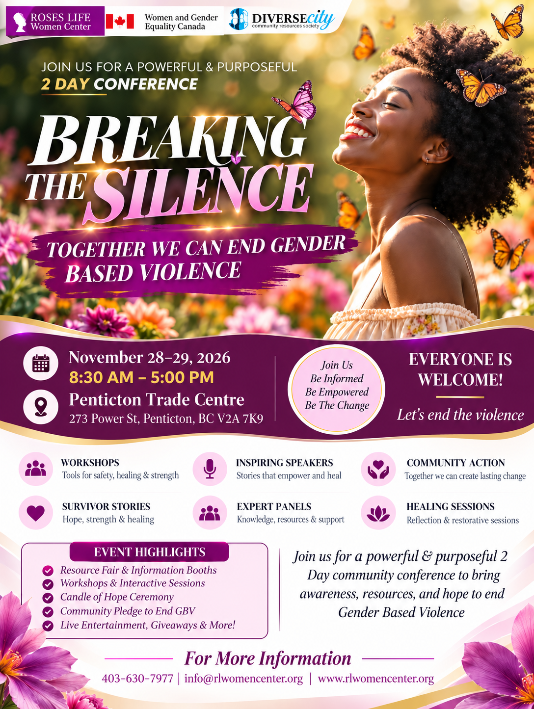 Breaking the Silence conference, November 28–29, 2026, 8:30 AM–5:00 PM at Penticton Trade Centre.